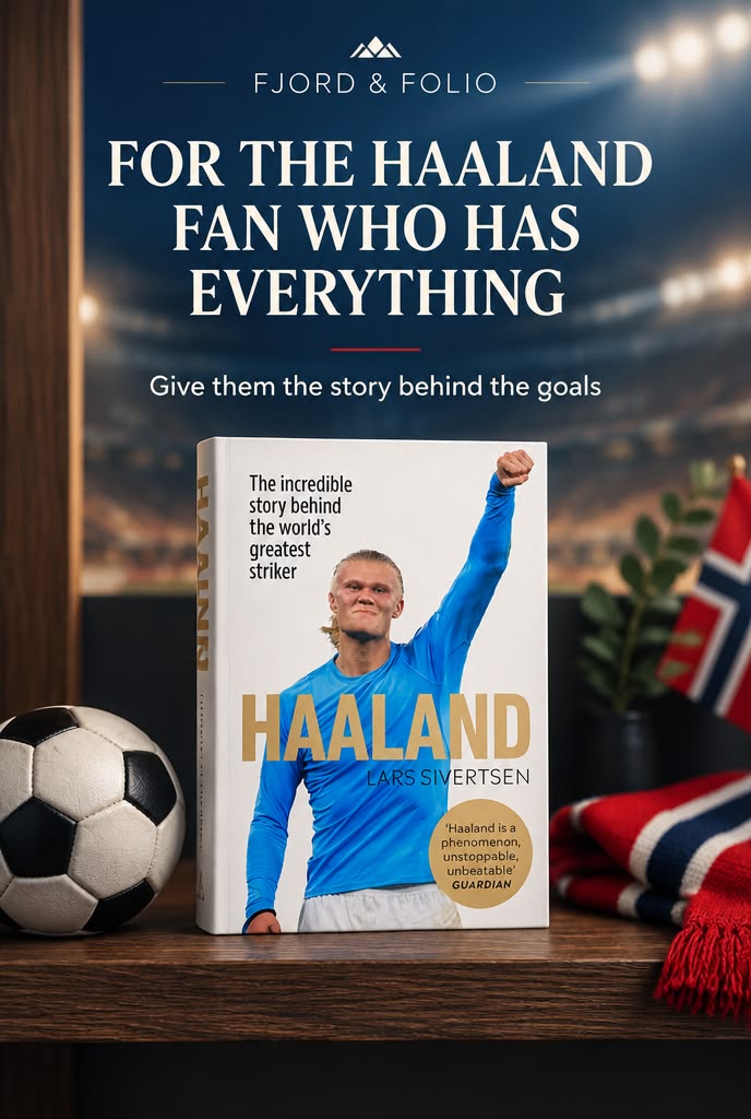 Fjord & Folio Pinterest artwork for Erling Haaland biography by Lars Sivertsen